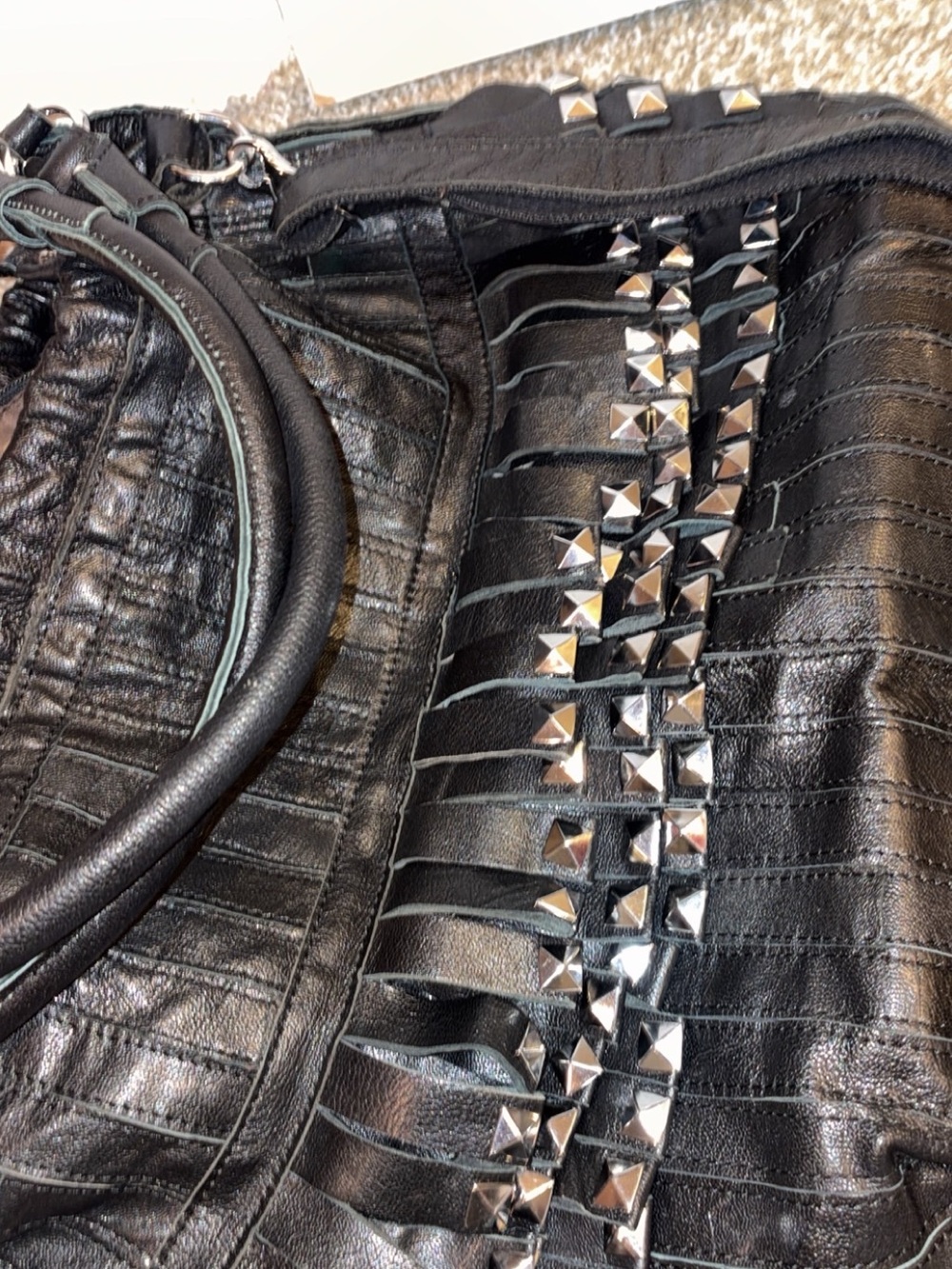 Black Studded Fringe Leather Tote